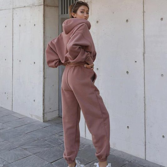 Solid Color Women's Casual Hoodie + Sweatpants Tracksuit