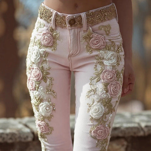 Soft Pink Vintage Rose Embroidered Print Women's Jeans to 3X Plus Size