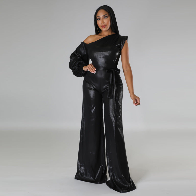 Shiny Black Asymmetrical One Sleeve Wide Leg Pants Solid Color Evening Jumpsuit