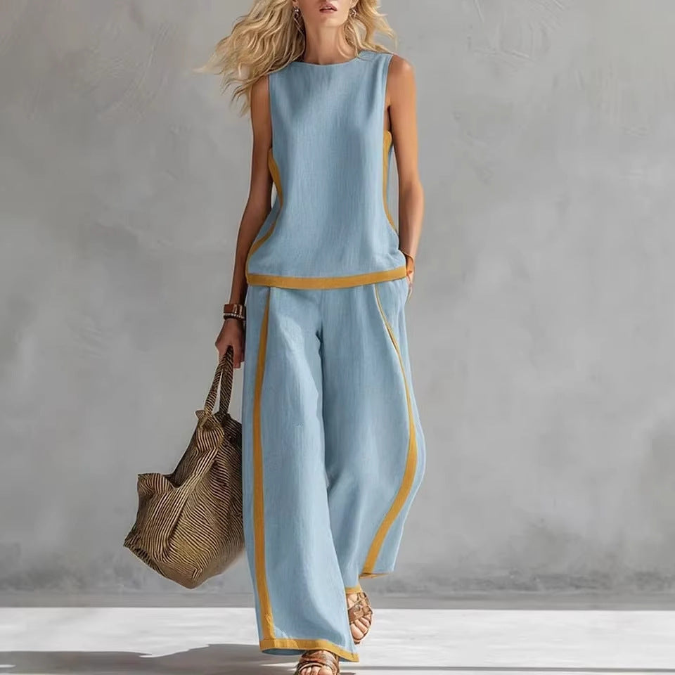 Side Striped Sleeveless Women's Top + High Waist Loose Wide Leg Pants 2-Piece Set to 3X Plus Size