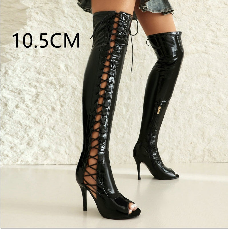 Patent Leather Peep Toe Lace-Up Women's Stiletto Heel Over-the-knee Boots
