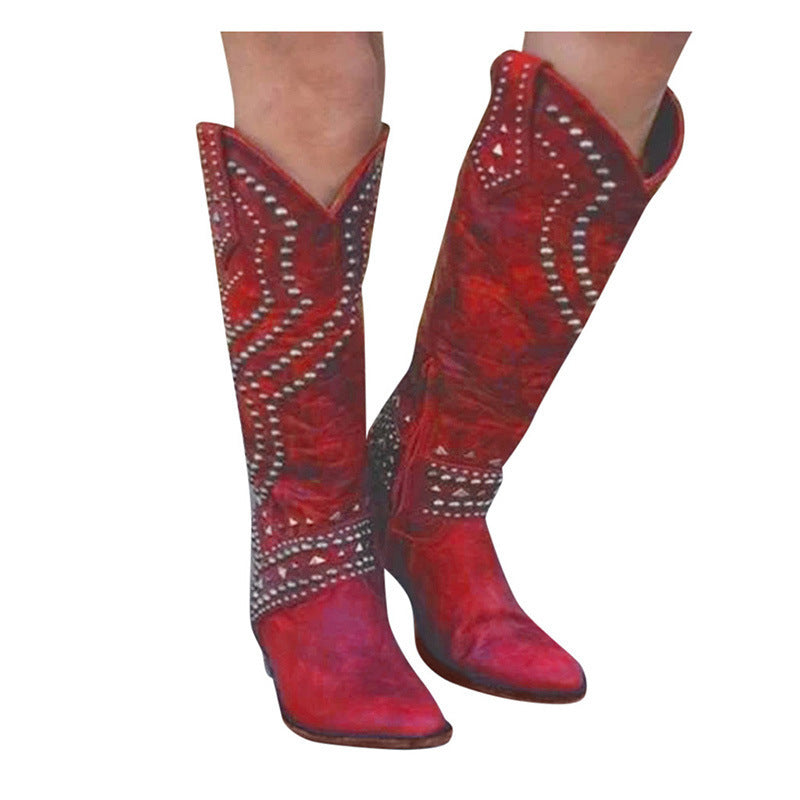 Western Rivet Stud Design Women's Chunky Heel Knee-High Cowgirl Boots