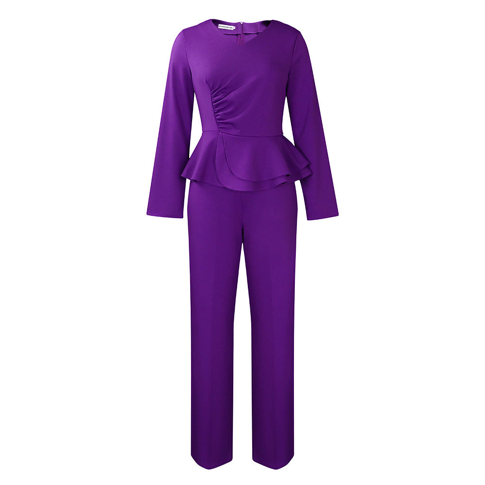 Fashion OL Ruffled V-neck Top Pants European And American Two-piece Set