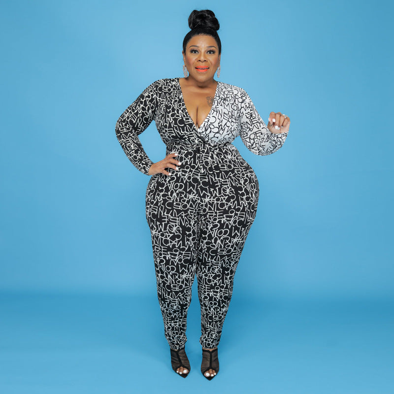 Black/White Letter Print Deep V-Neck Women's Long Sleeve Jumpsuit to 5X Plus Size