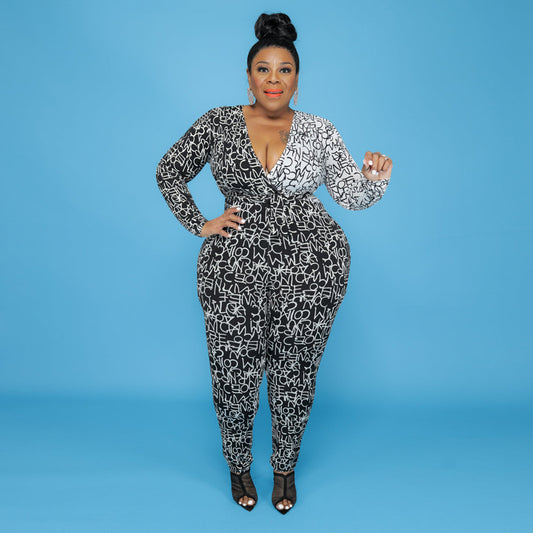 Black/White Letter Print Deep V-Neck Women's Long Sleeve Jumpsuit to 5X Plus Size