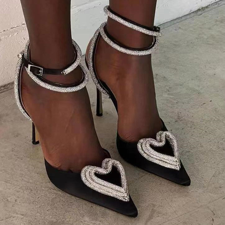 Metallic Rhinestone Heart Design Ankle Strap Stiletto Heel Sandal Pumps