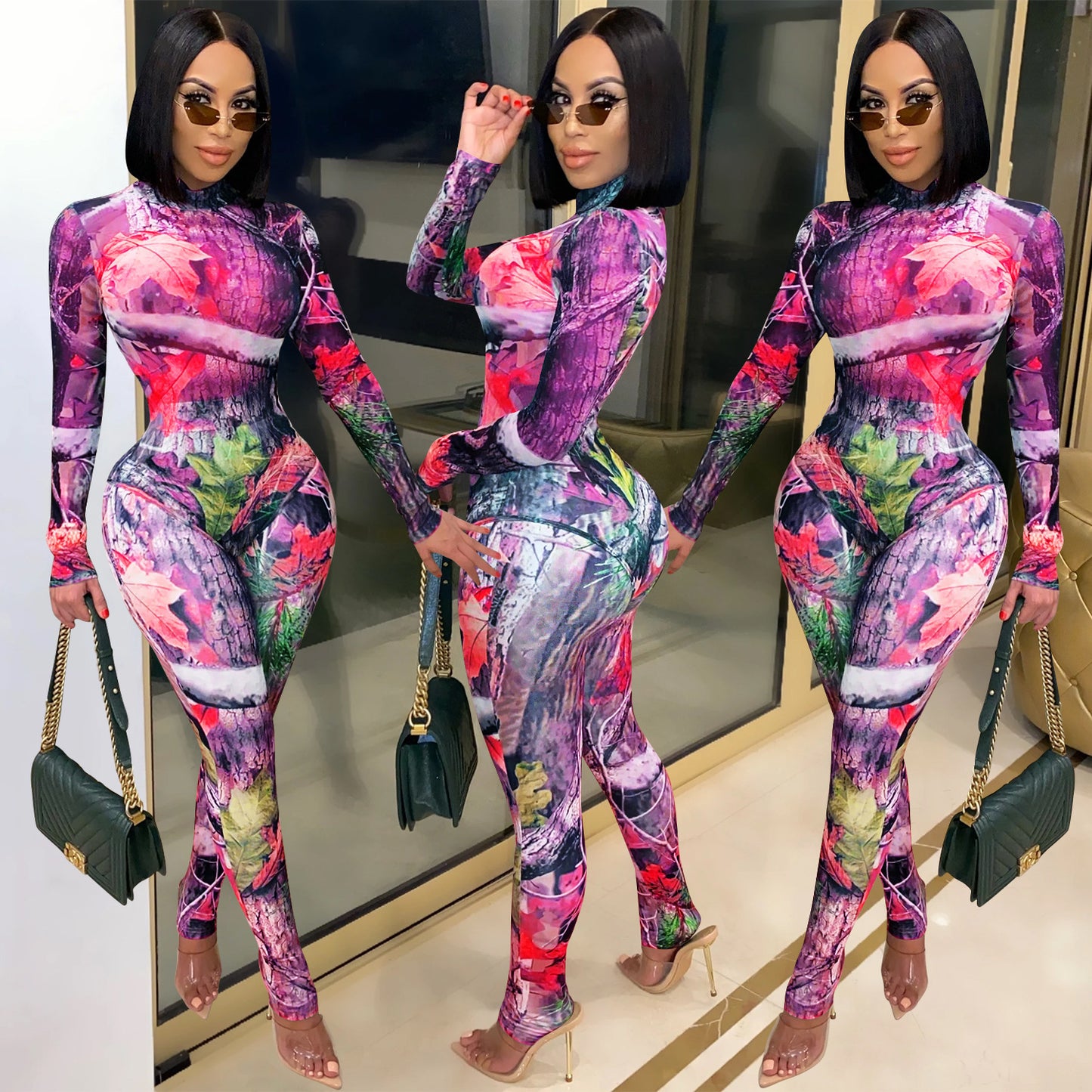 Mesh Sheer Transparent Floral Geometric Print Long Sleeve Women's Top + Skinny Leggings 2-Piece Set
