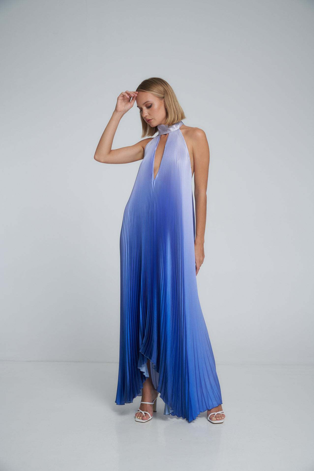 Floral Print Pleated Sleeveless Deep V-Neck Halter Backless Swing Maxi Dress