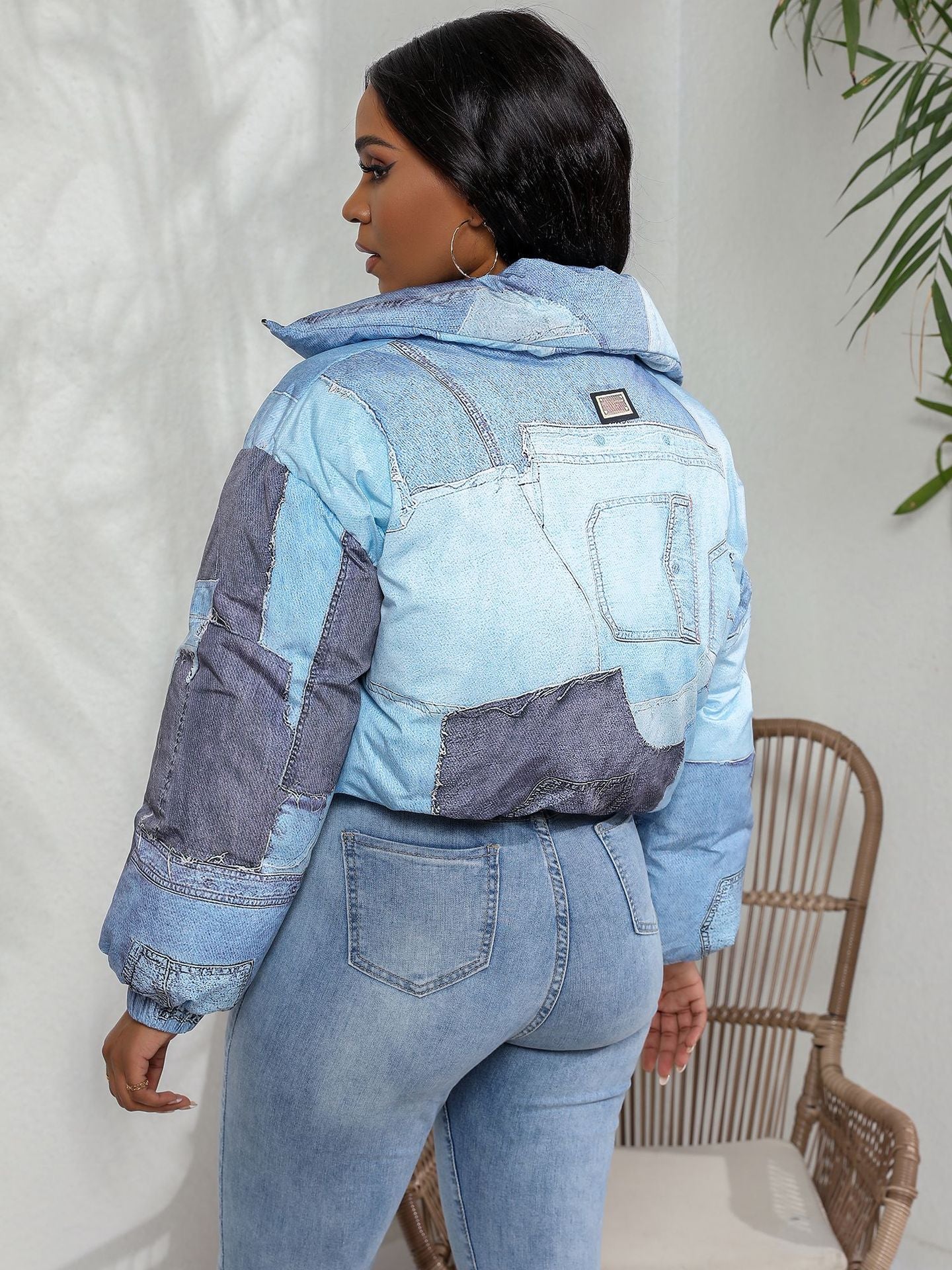 Denim-On-Denim 3D Mock Jean Colorblock Print Cotton Hip-Hop Streetwear Women's  Zipper Puffer Jacket