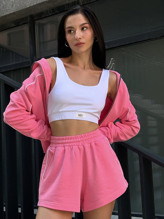 Striped Women's Zipper Sport Jacket + Elastic Shorts Two-Piece Set