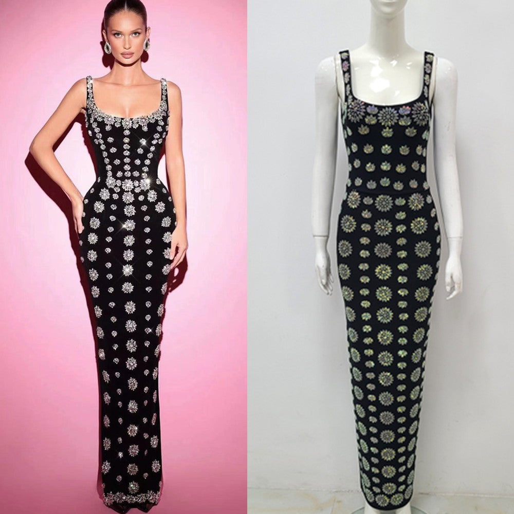 Black Rhinestone Embellished Spaghetti Strap Sleeveless U-Neck Skinny Bandage Formal Evening Party Dress