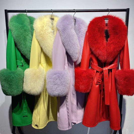 Sheepskin Oversized Fox Fur Collar Leather Long Sleeve Solid Color Women's Sash Belted Trenchcoat