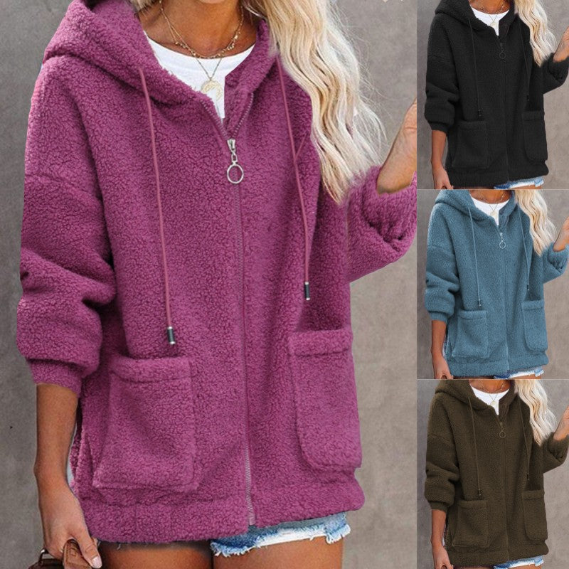 Fleece Solid Color Loose Women's Zipper Hoodie Jacket