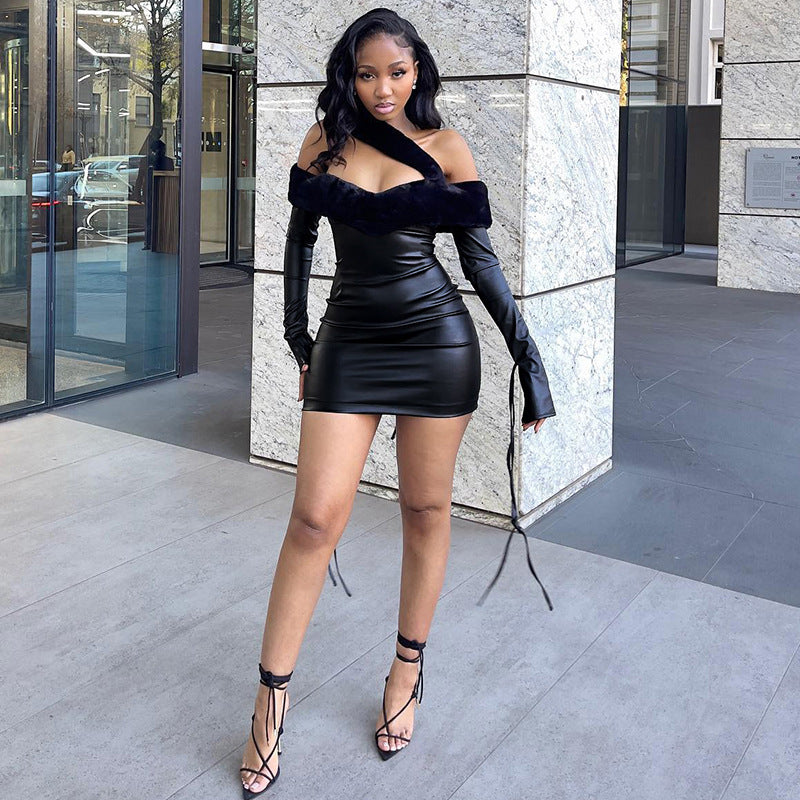 Black PU Leather Cross Strap Off-the-Shoulder Long Sleeve Skinny Mini Dress