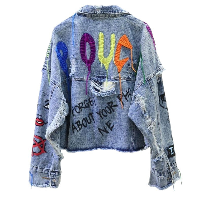 Faded Denim Studded Graffiti Print Ripped Fringe Embroidered Hip-Hop Streetwear Women's Crop Jean Jacket