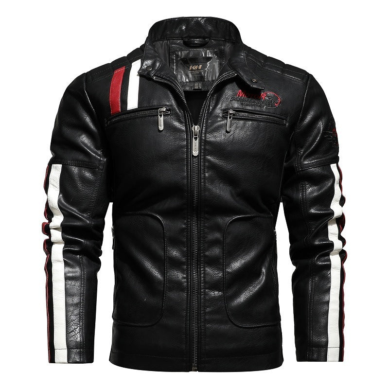 Men's PU Leather Diagonal Striped Colorblock Pattern Motorcycle Stand Collar Biker Bomber Jacket