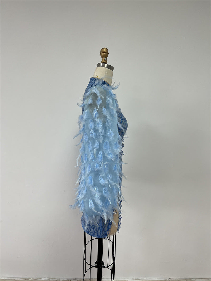 Sequin Light Blue Hollow-Out Feather Embellished Lantern Sleeve High Slit Formal Mini Dress