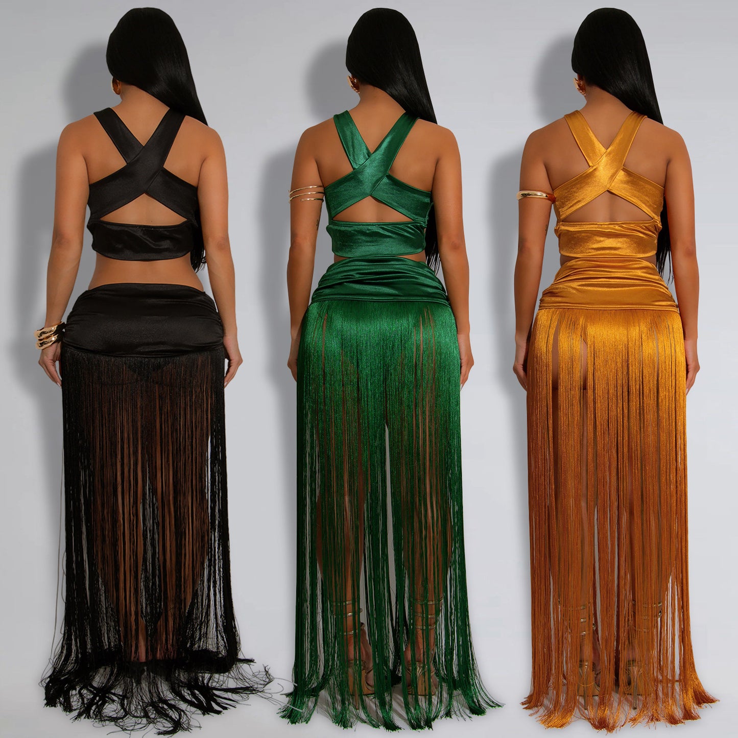 Sleeveless Criss-Cross Back Crop Top + Tassel Fringe Maxi Skirt Women's 2-Piece Set