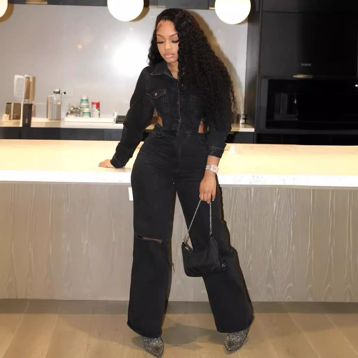 Black Denim Elastic Hollow-Out Long Sleeve Women's Jeans Jumpsuit