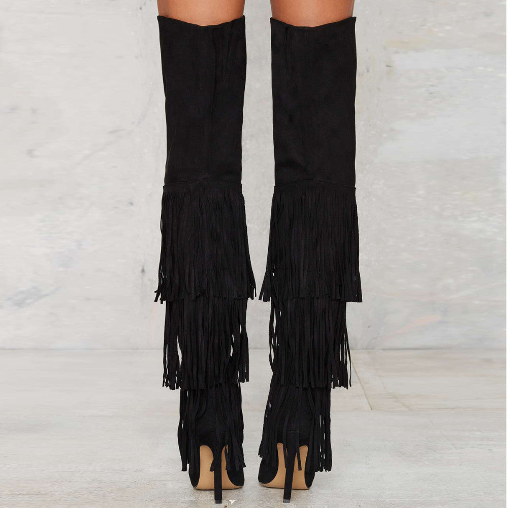 Black Fringe Tassel Fringe High Heel Over-the-Knee Boots