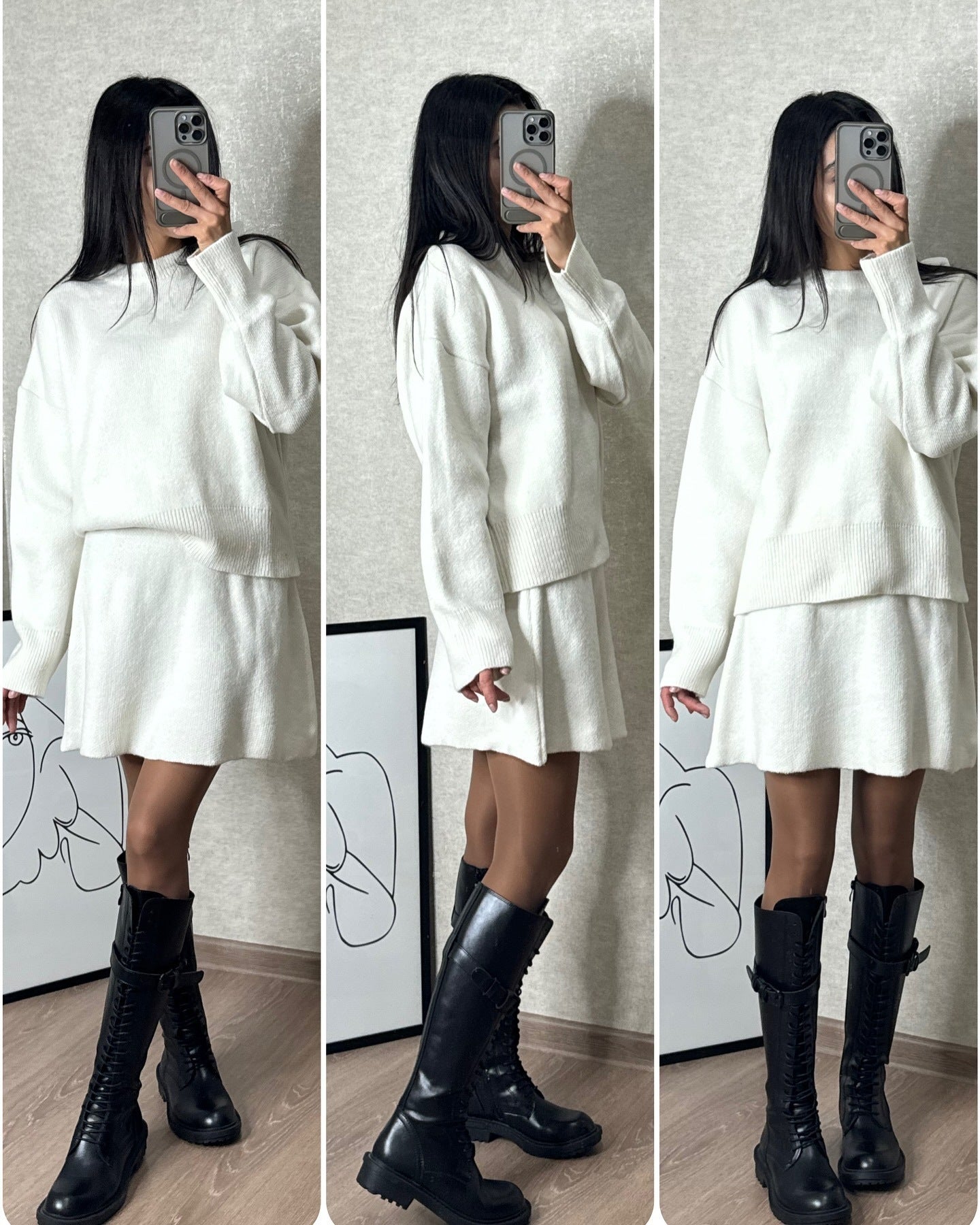 Knitted Long Sleeve Pullover Solid Color Sweater + High Waist Mini Skirt Women's 2-Piece Set to 3X Plus Size