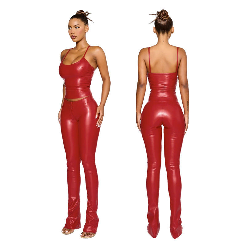 PU Leather Women's Solid Color Tank Top+ Trouser Pants 2-Piece Set