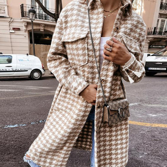Houndstooth Print Double Pocket Design Women's Turn-Down Collar Maxi Jacket