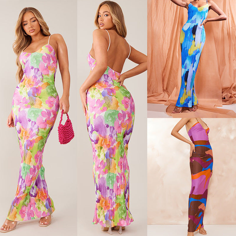 Pleated Sleeveless Floral Colorblock Print Spaghetti Strap Sling Maxi Dress