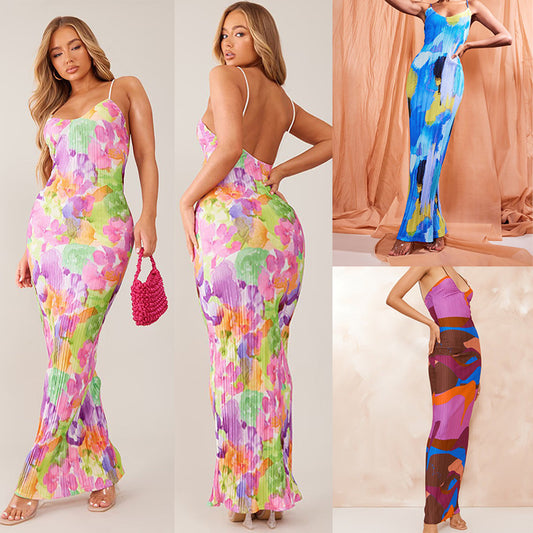 Pleated Sleeveless Floral Colorblock Print Spaghetti Strap Sling Maxi Dress