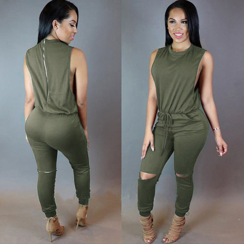 Ripped Knee O-Neck Sleeveless Women's Zipper Back Solid Color Drawstring Skinny Jumpsuit