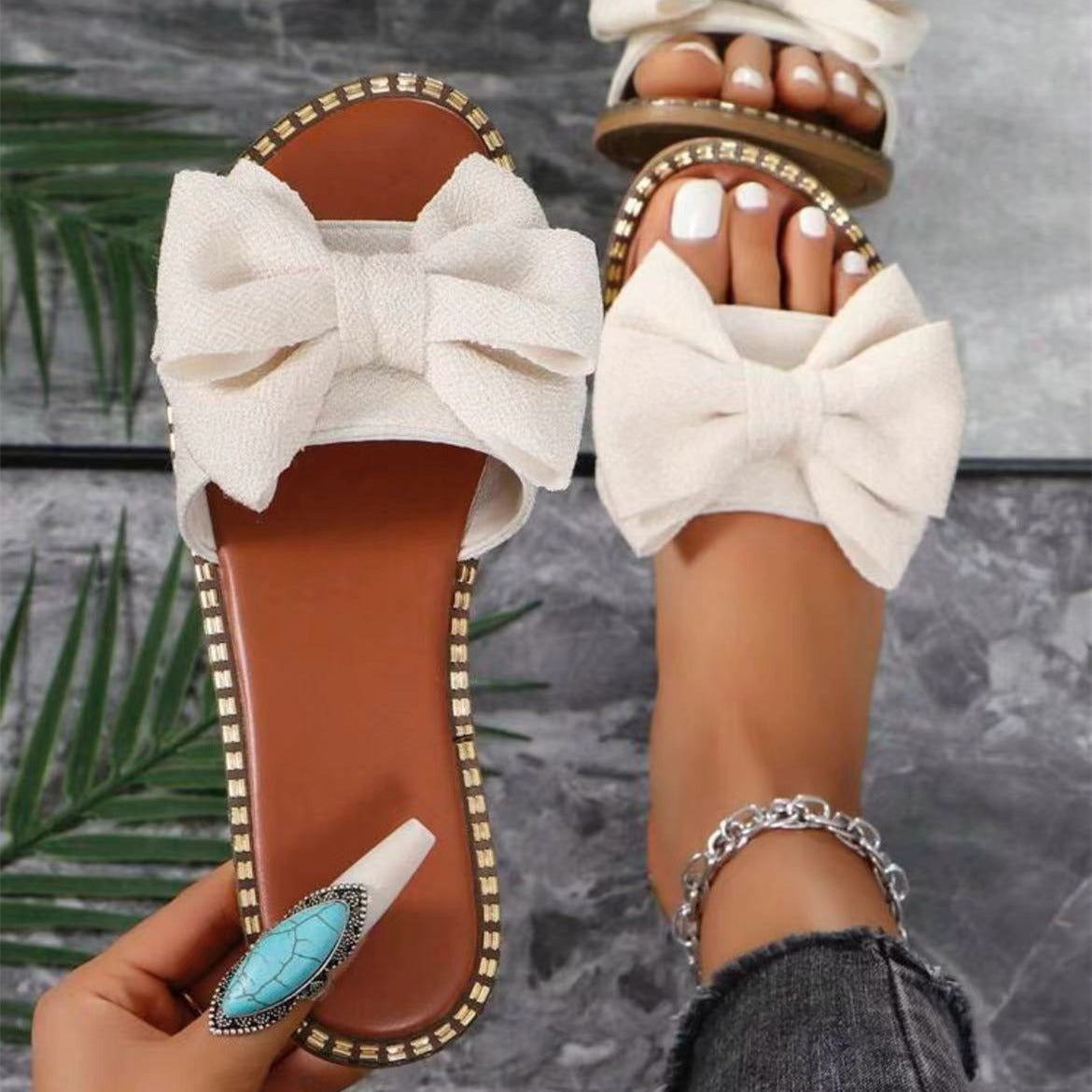 Rhinestone Bowknot Women's Cloth Flat Sandals