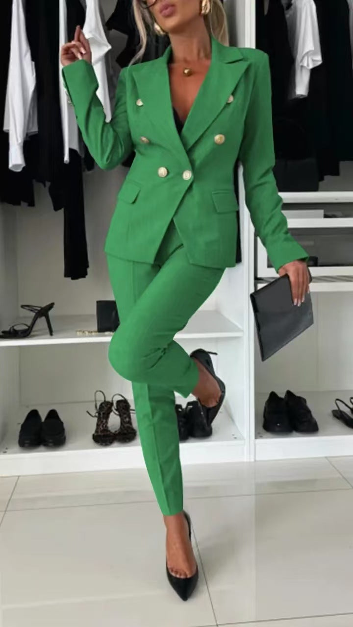 Double Breasted Button-Up Women's Blazer Jacket + Skinny Trouser Pants Women's Office Business Suit