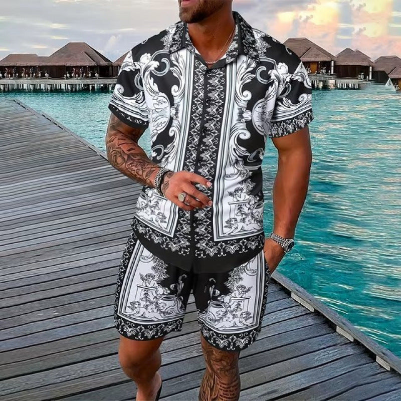 Men's Geometric/Colorblock 3D Print Turn-Down Collar Short Sleeve Polo Shirt + Shorts 2-Piece Set