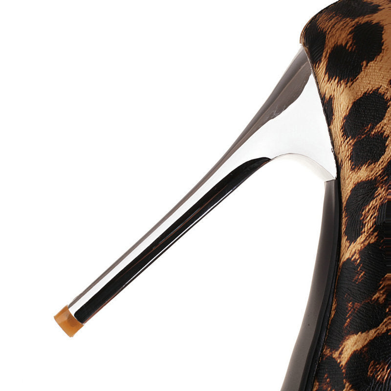 Solid/Leopard Women's Bright Leather Pointed Toe Metal Stiletto Heel Over-the-Knee Boots