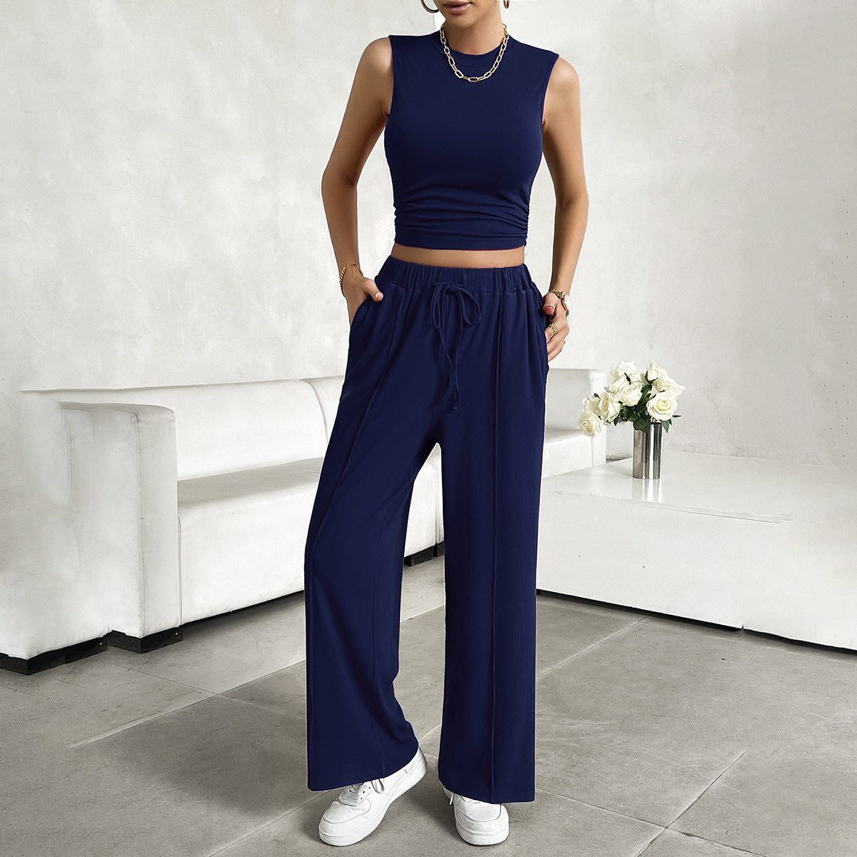 Sleeveless Solid Color Vest + Drawstring Pants Women's Casual 2-Piece Set