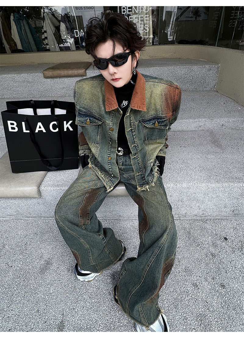 Men's Faded Denim Colorblock Jean Jacket + Wide Leg Loose Jeans Set