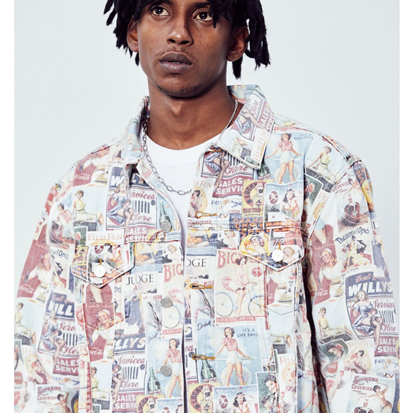 Men's Art Magazine Print Hip-Hop Washed Vintage Loose Cowboy Jean Jacket