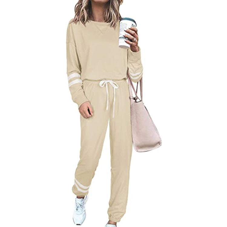 Side Striped Long Sleeve Women's Sport Top + Drawstring Sweatpants Tracksuit to 3X Plus Size