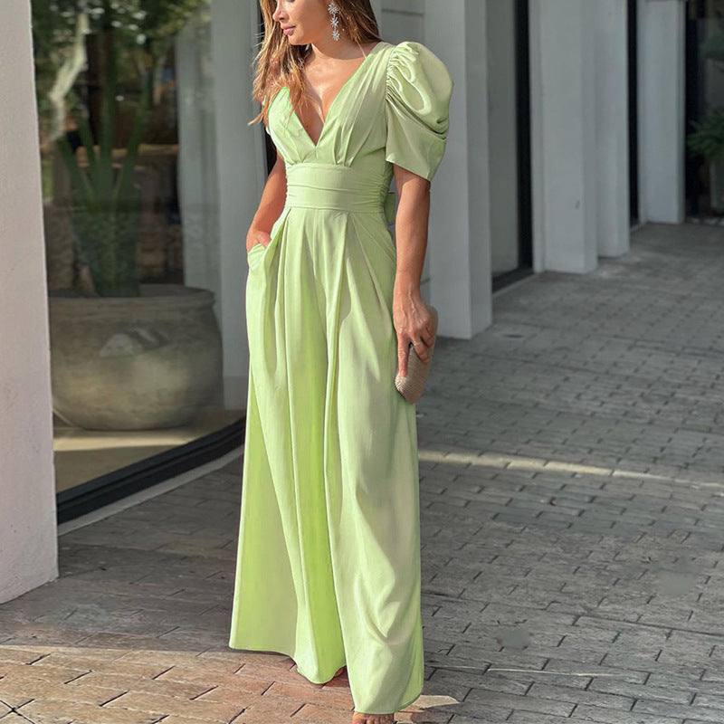 Short Balloon Sleeve Cinched Waist Deep V-Neck Wide Leg Solid Color Jumpsuit to 3X Plus Size