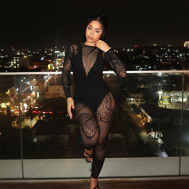 Black Sheer Transparent Butterfly Design Fitness Women's Streetwear Skin Tight Long Sleeve Jumpsuit