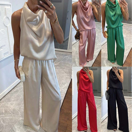 Satin Draped Women's Solid Color Sleeveless Vest + Pants 2-Piece Set