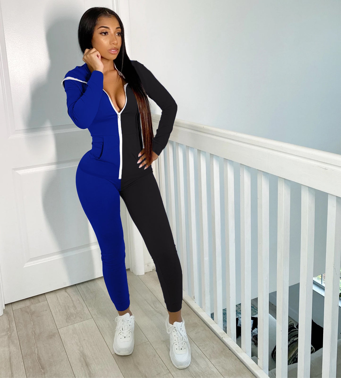 Colorblock 2-Tone Women's Fitness Long Sleeve Zipper Hoodie Jumpsuit