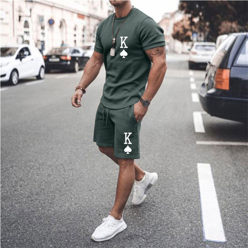 Men's King Of Spades Print Loose Solid Color Casual T-Shirt + Shorts 2-Piece Set