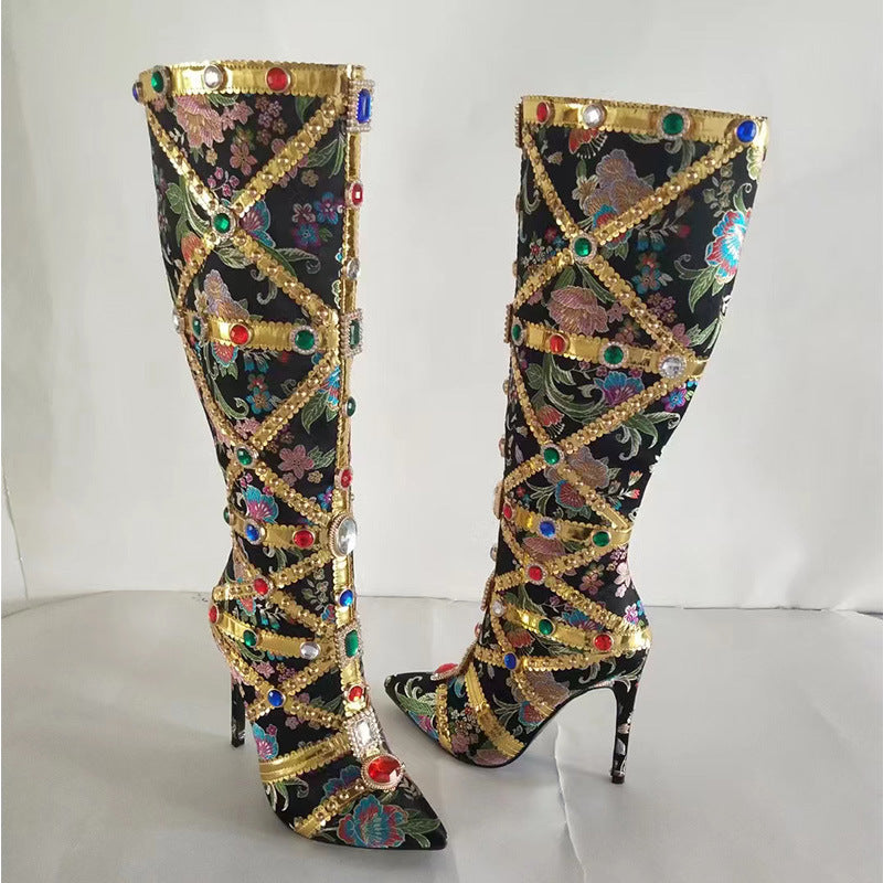 Rhinestone Metallic Floral Black-Gold/Hot Pink Stiletto Heel Knee-High Women's Gladiator Boots