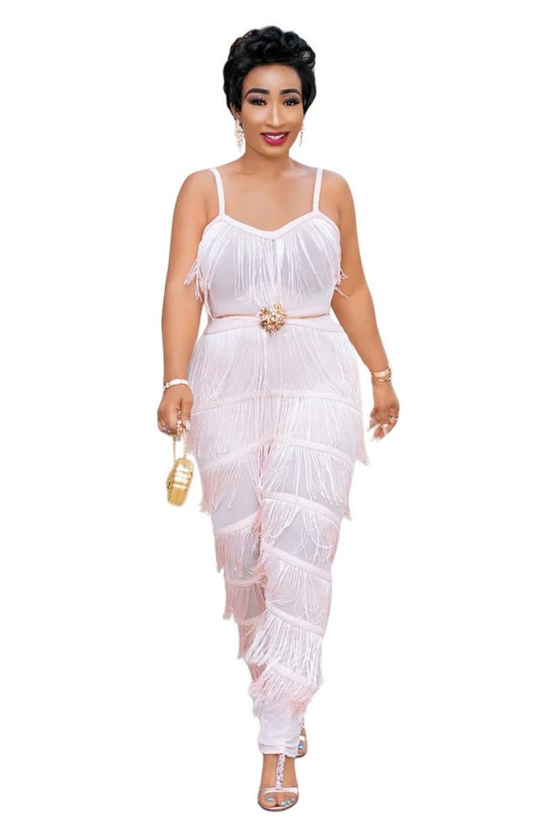 White Tassel Fringe Detail Sleeveless Spaghetti Strap Women's Solid Color Jumpsuit to 5X Plus Size