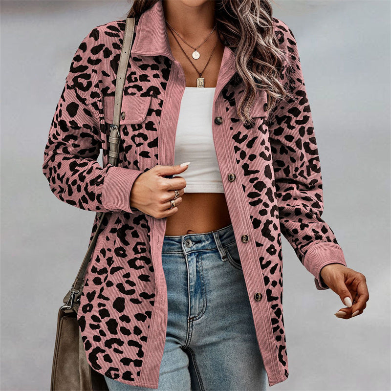 Leopard Print Double Pocket Design Long Sleeve Women's Turn-Down Collar Jacket to 3X Plus Size