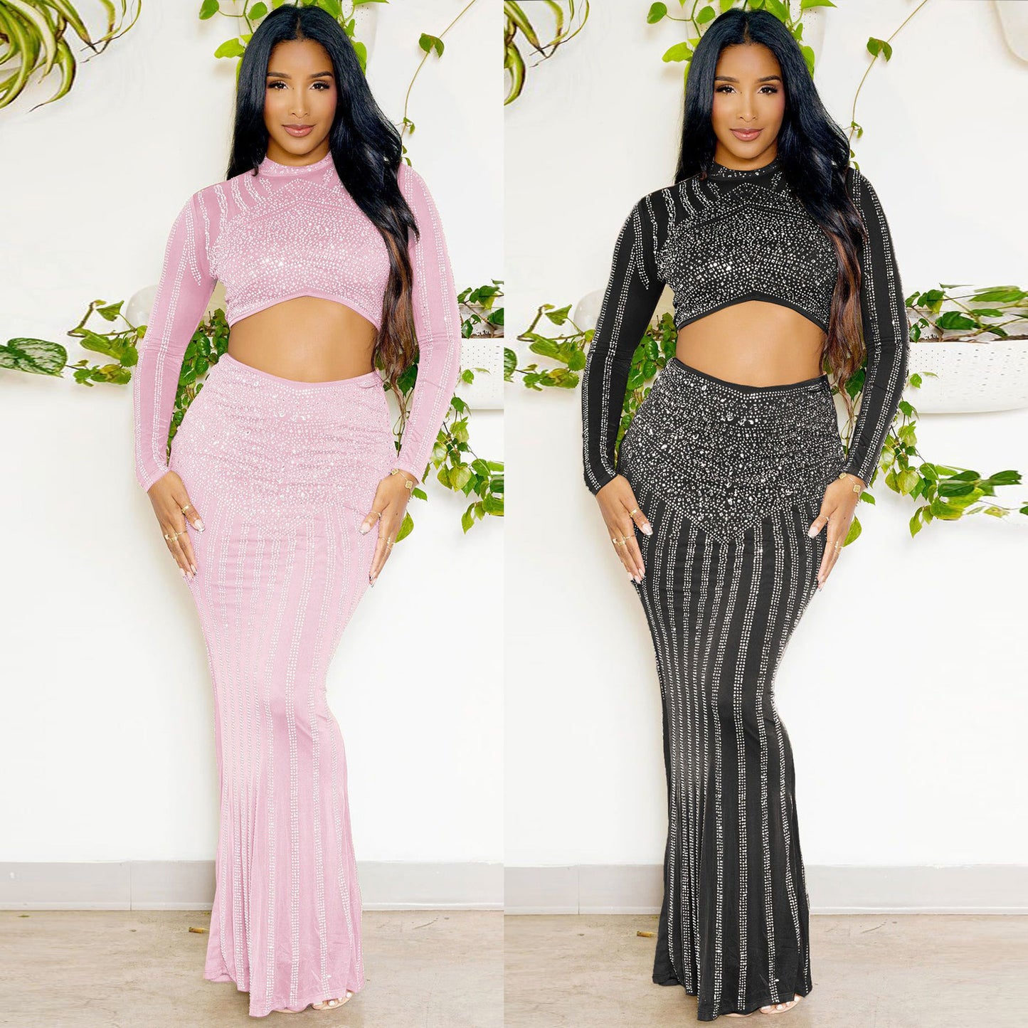 Rhinestone Metallic Sparkling Glitter Long Sleeve Crop Top + Striped Fishtail Maxi Skirt Formal 2-Piece Set to 3X Plus Size