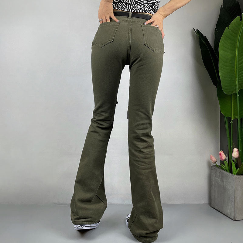 Olive Green Women's Buckle Strap Button Multi-Pocketed Design Skinny Straight Cargo Jeans