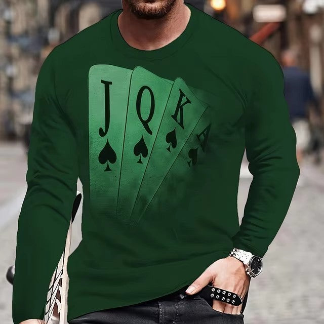Men's Hip-Hop 3D Striped/Solid Playing Card Letter Digital Print Long Sleeve T-Shirt