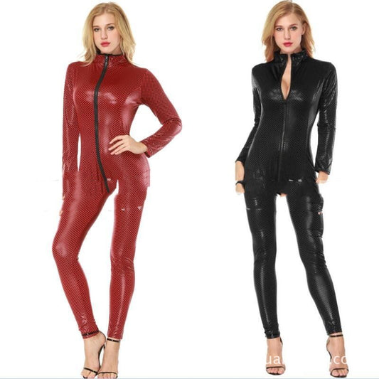 Micro Plaid Print Patent Leather Long Sleeve Women's Skin Tight Zipper to 4X Plus Size